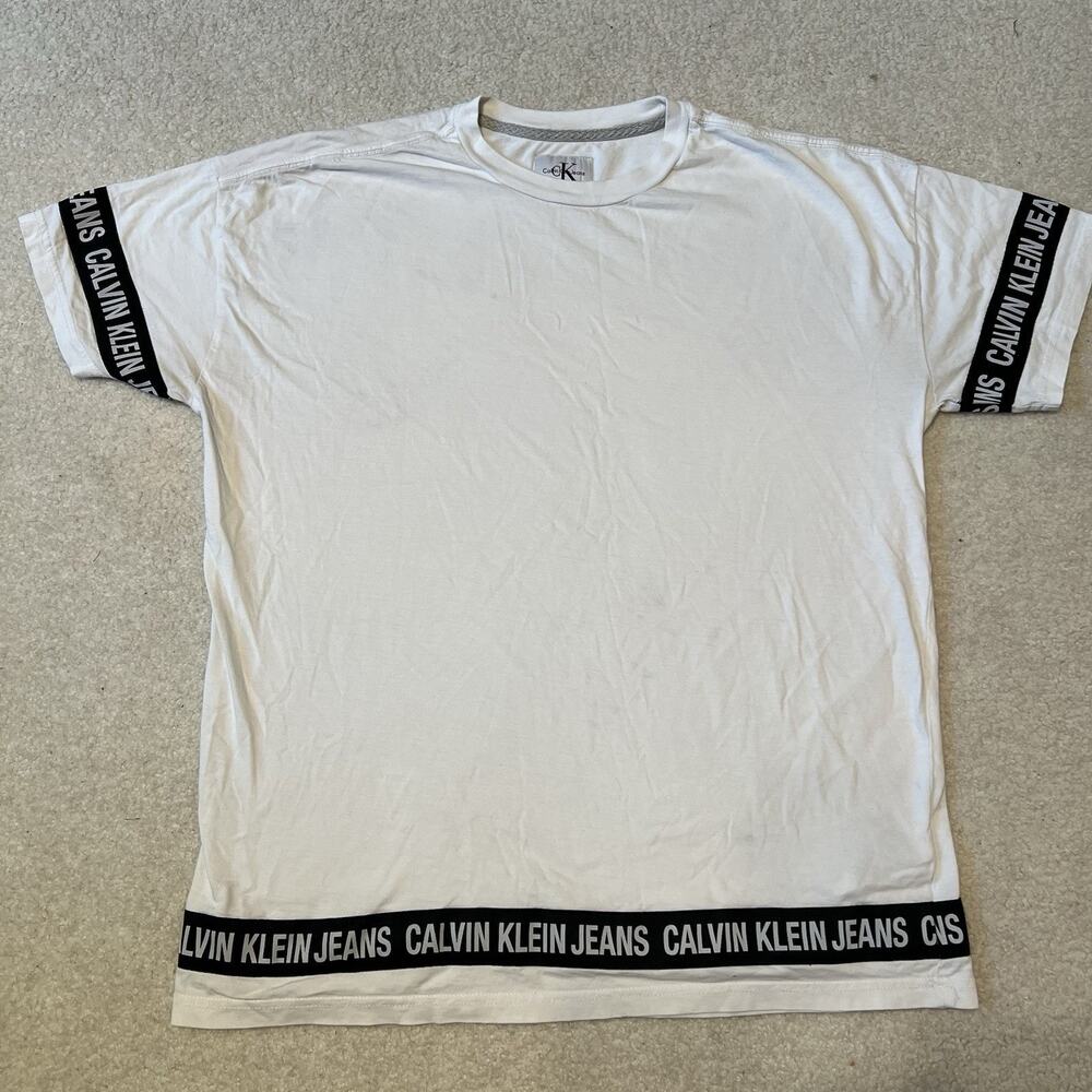 Calvin Klein Jeans Logo Tape T Shirt White Black Medium Minimalist Streetwear